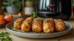 Teller mit Kroketten aus dem Airfryer, Heißluftfritteuse im Hintergrund