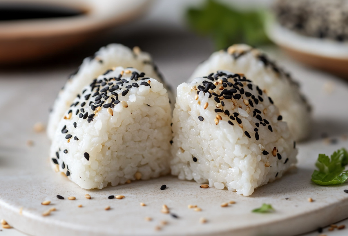 Onigiri ohne Noriblätter auf einer weißen Platte. Sie sind mit schwarzen und weißen Sesamkörnern bestreut. Neben ihnen liegen einige Kräuter, im Hintergrund sieht man eine große Schale mit Sojasoße.