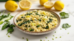 Ein Teller Orzo-Lauch-Pfanne mit Zitrone und Spinat, drumherum Spinatblätter und Zitronen.