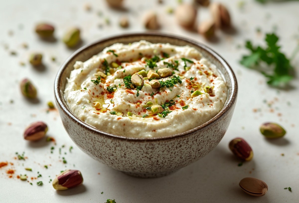 Eine Schale Pistazien-Feta-Dip garniert mit Chiliflocken, gehackten Pistazien und Kräutern. Drumherum einige Pistazien und Kräuter.