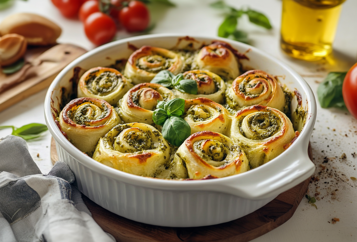 Eine Auflaufform mit Pizzarollen. Sie sind dekoriert mit einem Basilikumblatt. Vor der Auflaufform liegt ein Küchentuch. Im Hintergrund links sieht man ein Schneidebrett mit Knoblauch darauf. Daneben liegen mehrere Tomaten. Rechts neben der Form liegt eine Tomate, dahinter stehen zwei Flaschen Öl.