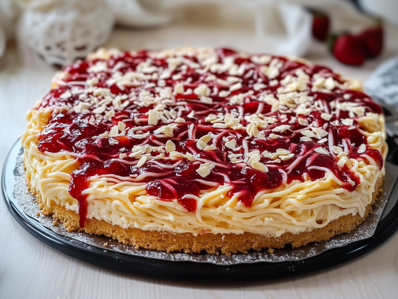 Ein Spaghettieis-Kuchen vom Blech steht auf einem Holztisch. Links neben ihm liegen einige Erdbeeren. Rechts neben ihm ein Tortenheber.