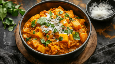 Steckrüben-Curry in einer dunklen Schüssel, garniert mit Koriander und Kokosflocken.