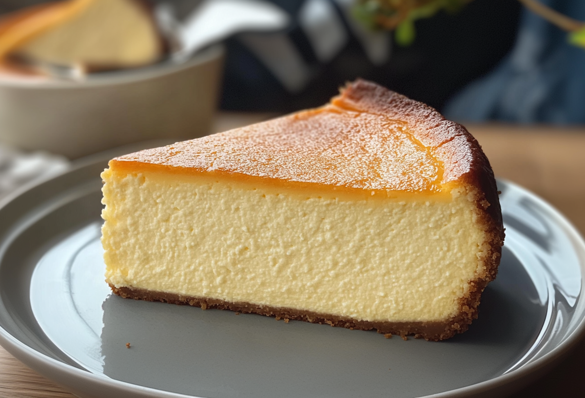 Ein Stück zuckerfreier Käsekuchen steht auf einem grauen Teller. Im Hintergrund kann man sehen, wie ein weiteres Stück aus der Form gehoben wird.