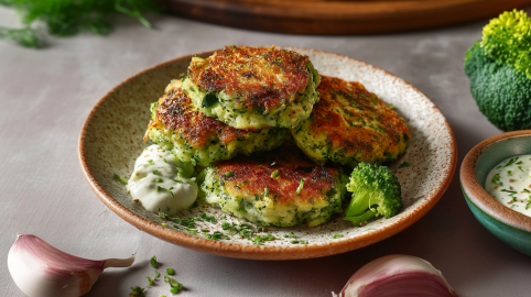 Vier Brokkoli-Bratlinge liegen auf einem Teller. Es liegt ein Stück Brokkoli daneben und sie sind mit etwas Joghurt-Knoblauch-Dip serviert. Neben dem Teller steht eine Schale mit Dip. Dahinter liegt ein Brokkolikopf. Vor dem Teller liegen zwei Knoblauchzehen.