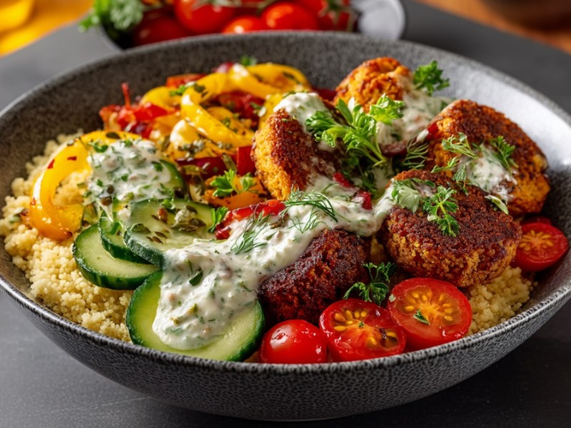 Eine große Falafel-Bowl mit Couscous, Falafel, Gurken, Tomaten, Paprika und einem Joghurt-Dip.