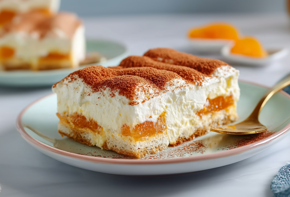 Ein Stück Fantakuchen ohne Backen auf einem grünen Teller. Daneben liegt ein goldener Löffel, Im Hintergrund sieht man weitere Stücke des Fantakuchen.