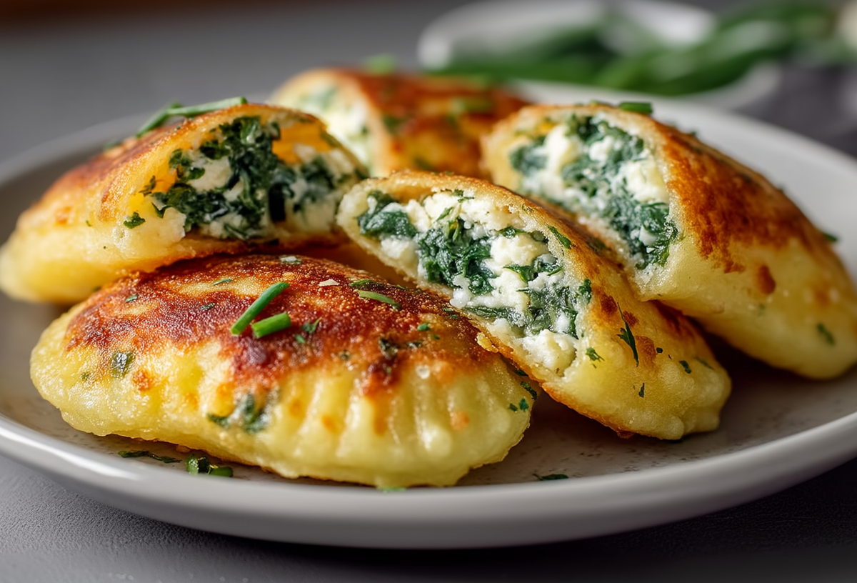 Einige Kartoffeltaschen mit Frischkäse-Spinatfüllung liegen auf einem grauen Teller. Sie sind aufgeschnitten und geben den Blick auf die Füllung frei.
