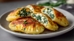 Einige Kartoffeltaschen mit Frischkäse-Spinatfüllung liegen auf einem grauen Teller. Sie sind aufgeschnitten und geben den Blick auf die Füllung frei.