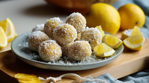 Mehrere Kokos-Zitronen-Energyballs liegen auf einem Teller. Im Hintergrund sieht man weitere Zitronen liegen.