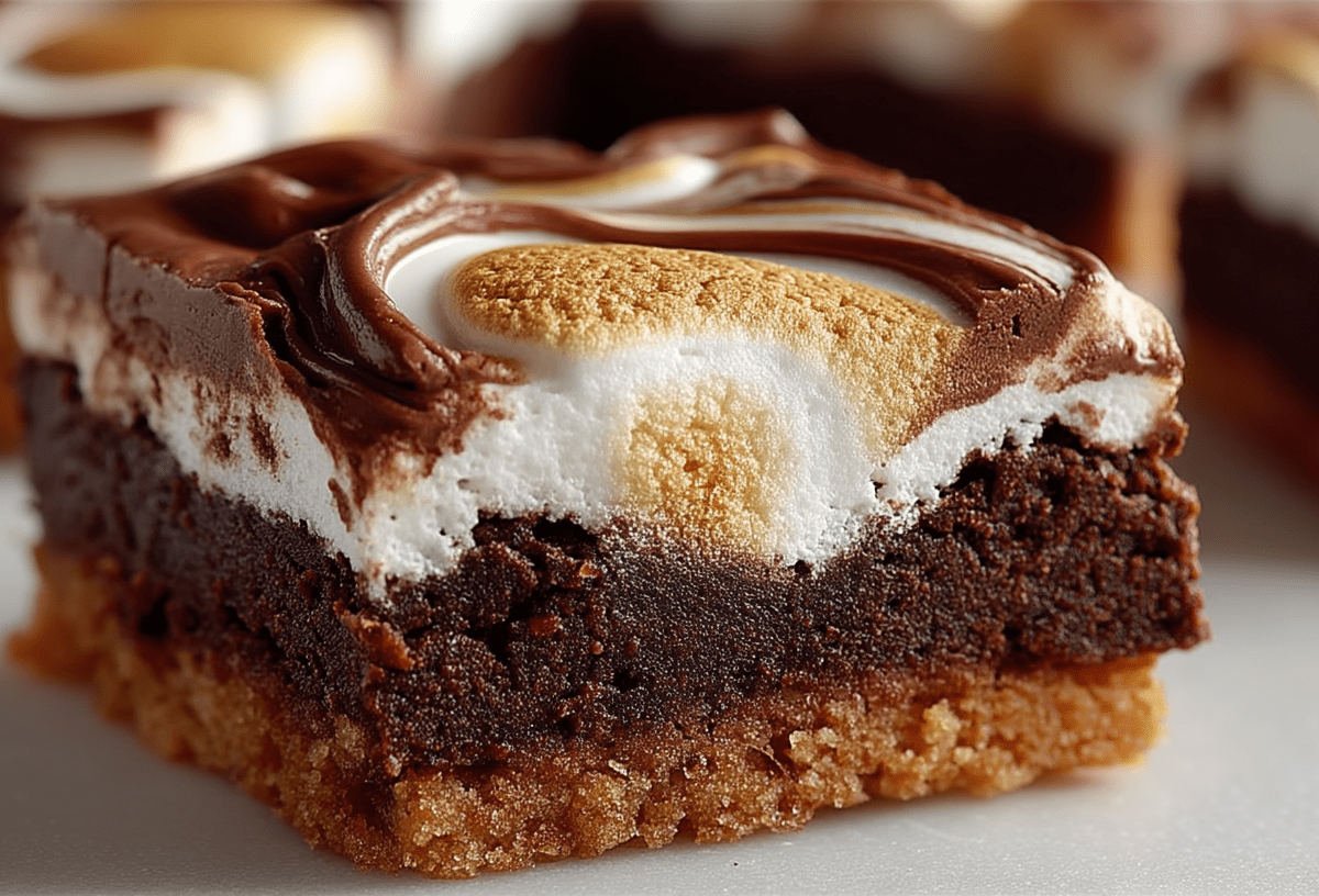 Ein Stück Marshmallow-Schnitten vom Blech mit Keksboden.