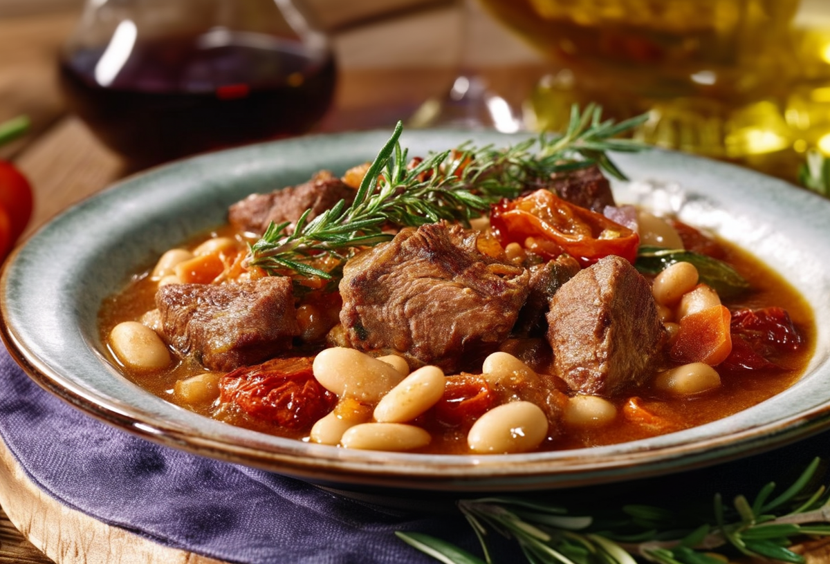 Ein Teller mediterranes Lamm-Ragout mit Rosmarin und Thymian.