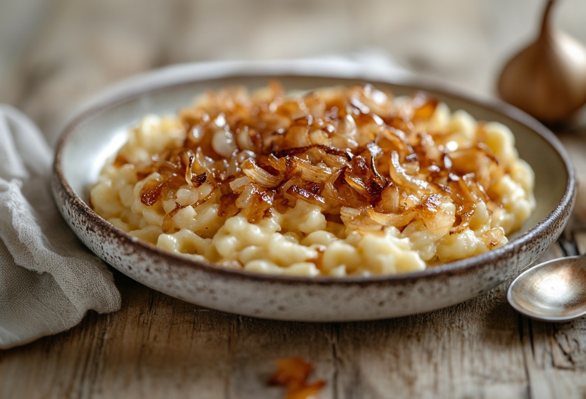 Ein Teller Miso-Spätzle mit karamellisierten Zwiebeln, daneben ein Löffel und eine Stoffserviette, im Hintergrund unscharf Zwiebeln.