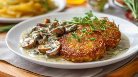 Zwei Mozzarella-Kartoffelr&ouml;sti auf einem wei&szlig;en Teller. Sie sind mit einer Pilz-Rahmso&szlig;e angerichtet und mit frischen Kr&auml;utern garniert. Im Hintergrund sieht man weitere geschnittene Kartoffeln, etwas &Ouml;l sowie weitere Kr&auml;uter.