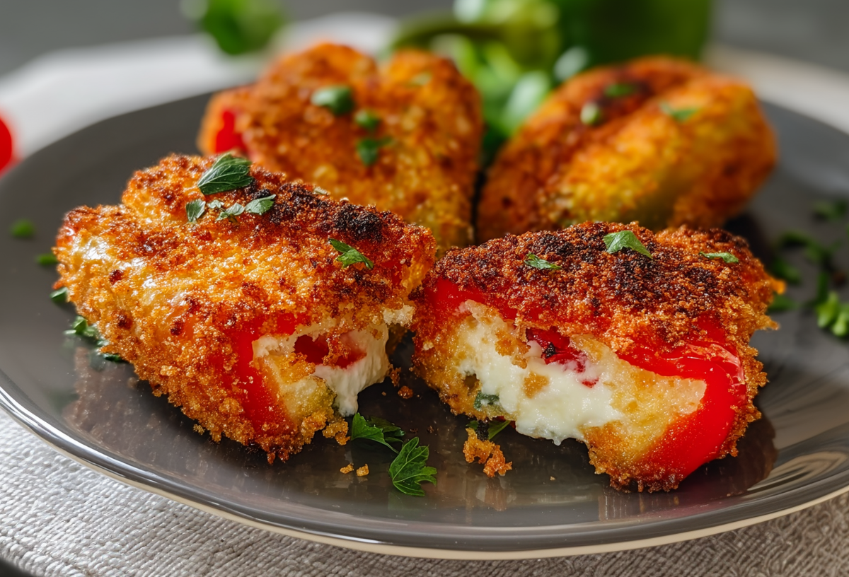 Vier panierte Feta-Paprika liegen auf einem grauen Teller. Sie sind mit einigen frischen Kräutern bestreut. Im Hintergrund liegt noch eine rote sowie grüne Paprikaschote.