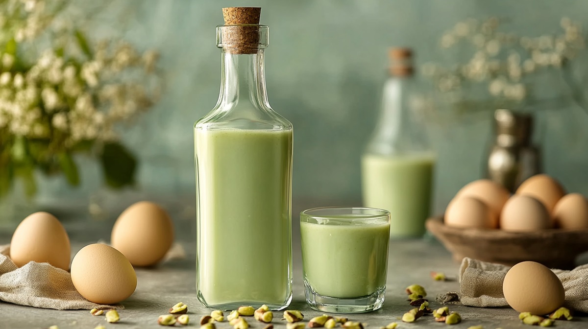 Zwei Flaschen und ein Glas mit Pistazien-Eierlikör, Eier und Pistazien daneben