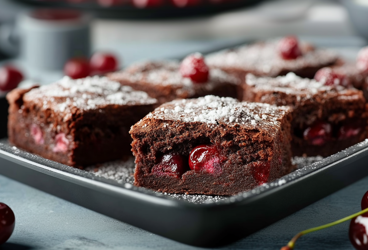 Ein Backblech mit einigen Stücken Schoko-Kirsch-Kuchen vom Blech. Der Kuchen ist mit Puderzucker bestreut. Um das Blech liegen einzelne frische Kirschen mit Stiel verteilt.