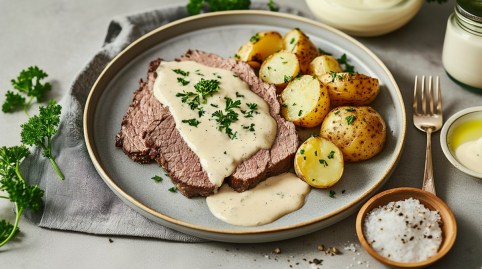 Teller mit Tafelspitz mit Meerrettichsoße und Kartoffeln