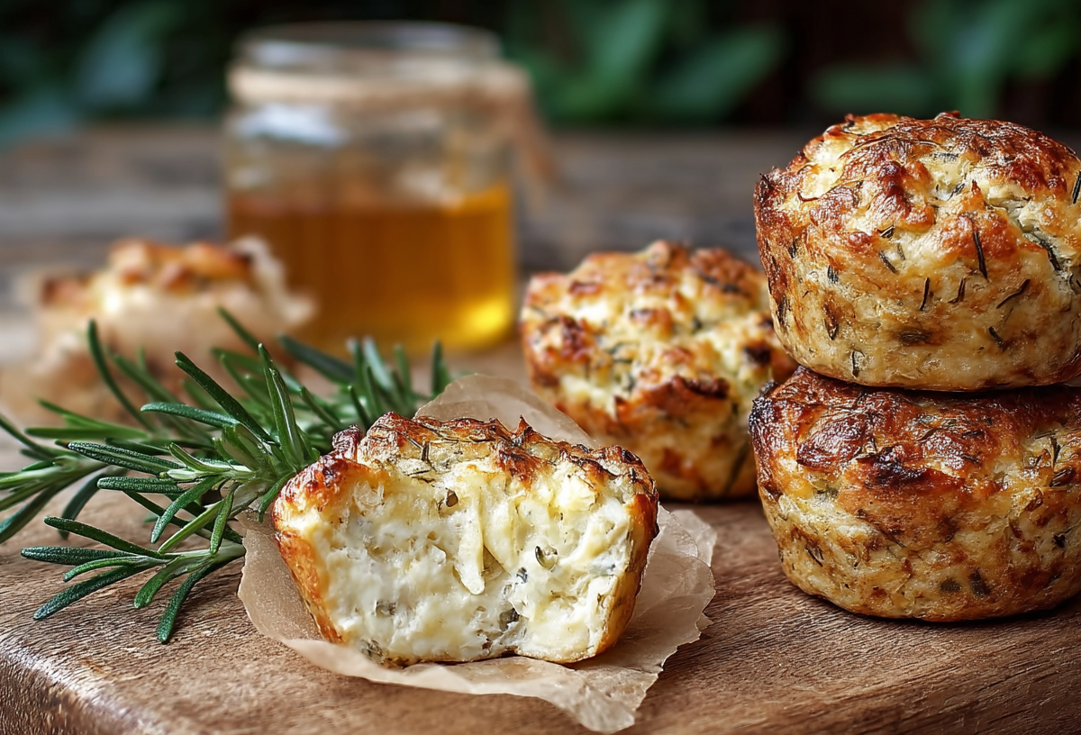 Einige Brie-Honig-Muffins mit Rosmarin, nebeneinander und gestapelt, auf einem Holzbrett-. Einer ist angebissen.