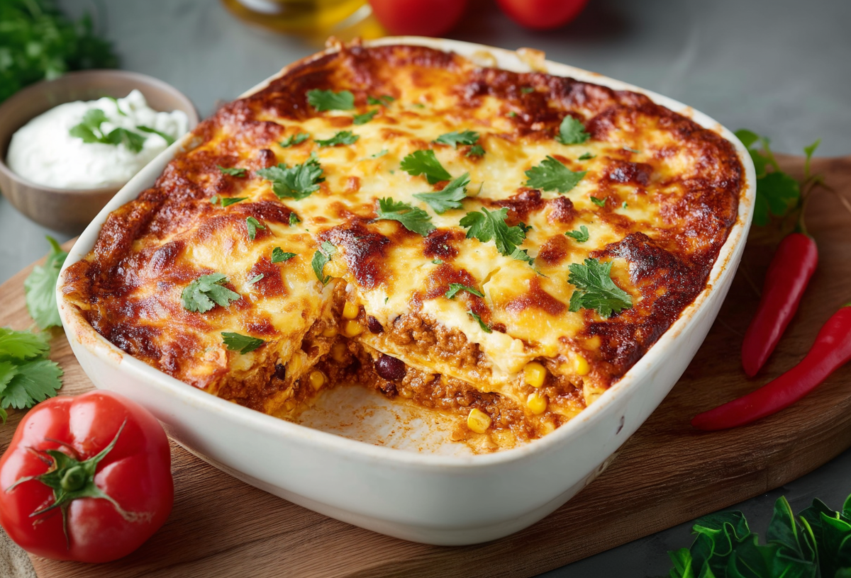 Ein angeschnittener Enchilada-Auflauf in einer Auflaufform auf einem Holzbrett. Neben dem Auflauf liegt eine Tomate, zwei Chilis sowie frische Kräuter. In einer Schale dahinter ist etwas Frischkäse.