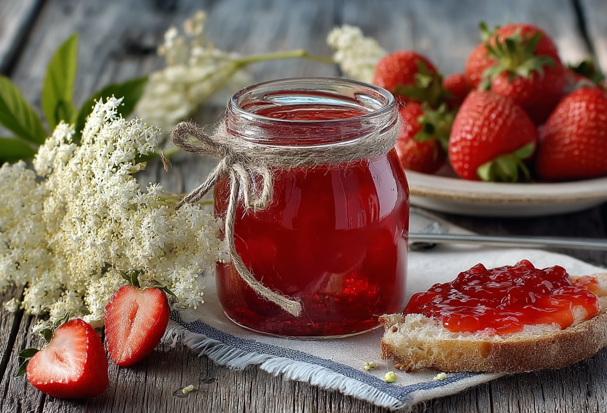 Ein Glas mit Erdbeer-Holunderblüten-Marmelade