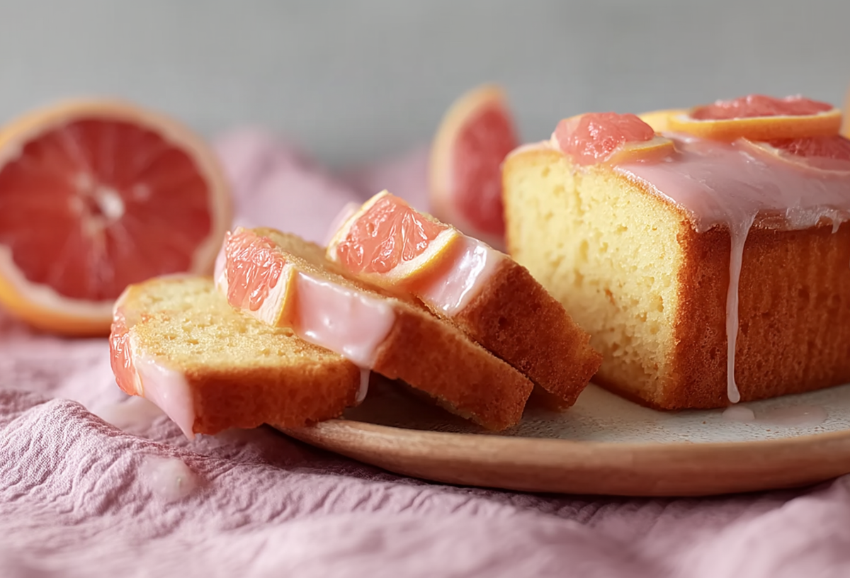 Ein aufgeschnittener Grapefruit-Joghurt-Kuchen aus der Kastenform, der eine rosafarbene Glasur hat und mit einigen Grapefruitscheiben garniert ist. Der Kuchen liegt auf einem Teller, der auf einem rosafarbenen Tuch steht. Im Hintergrund kann man ganze und aufgeschnittene Grapefruits erkennen.