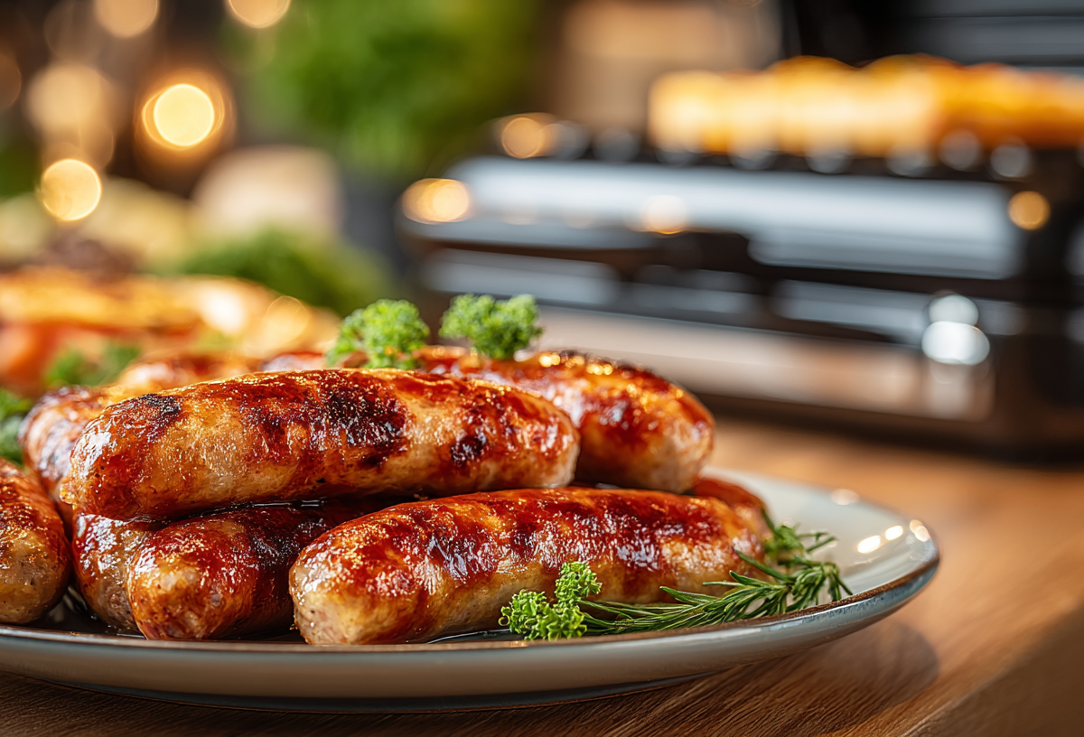Indoor-Grillen mit dem Tefal OptiGrill: ein Teller gegrillte Wurst mit einem Kontaktgrill im Hintergrund.