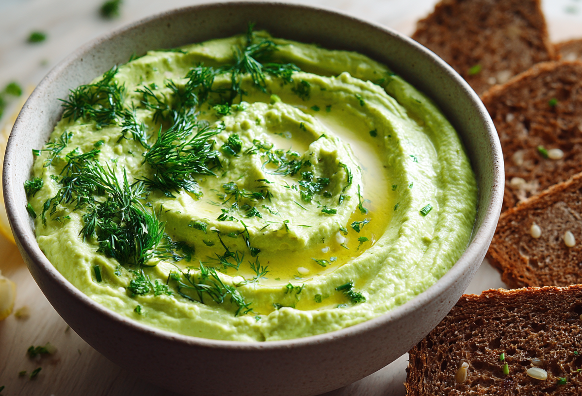 Eine Schale Kräuter-Hummus, garniert mit frischen Kräutern.