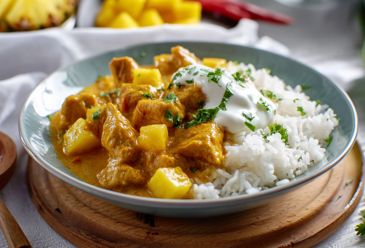 Madras Curry in einem grauen Teller auf einem Holzuntersetzer. Links im Bild sieht man eine Holzschale mit Salz. Im Hintergrund liegt weitere Ananas.