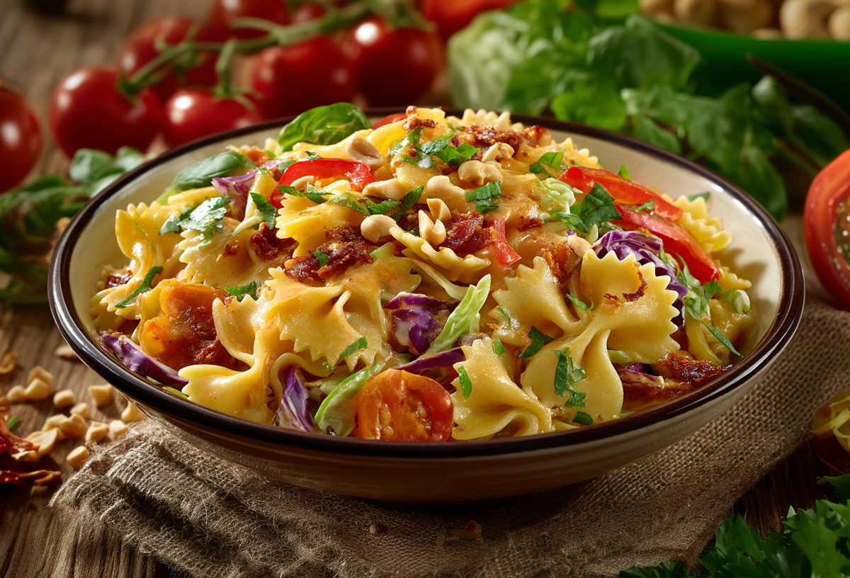 Eine Schale mit Nudelsalat mit Mandelmus auf einem braunen Tuch auf einem Holztisch. Um die Schale verteilt liegen einige Zutaten, wie Erdnüsse, Tomaten, Salat und noch einige Nudeln.