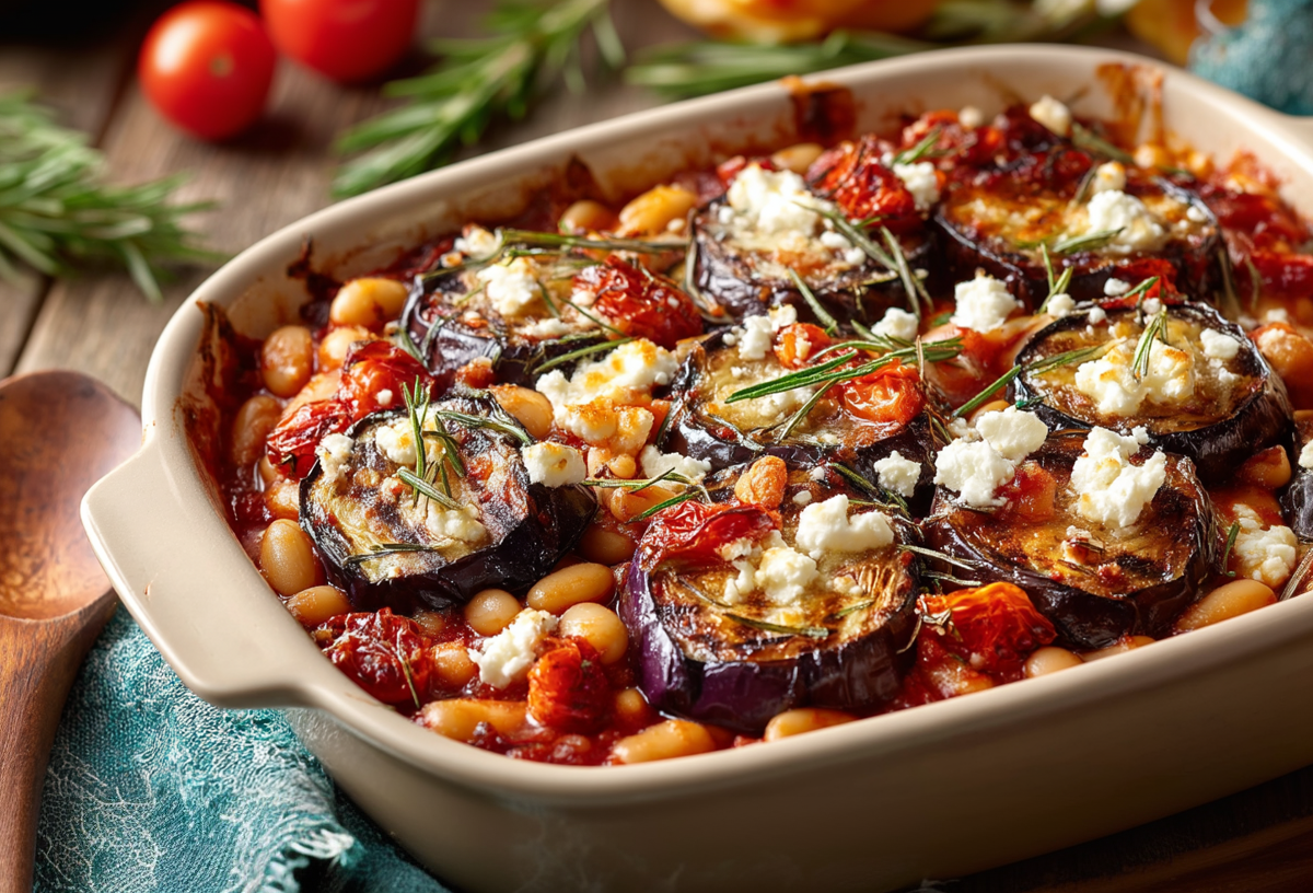 Eine Auflaufform mit Ofen-Auberginen mit Bohnen und Feta, daneben liegt ein Holzlöffel.