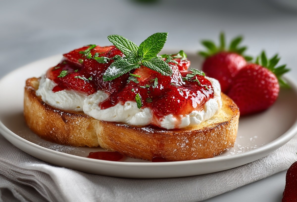 Eine Scheibe Ricotta-Toast mit Erdbeeren auf einem Teller. Nahaufnahme.
