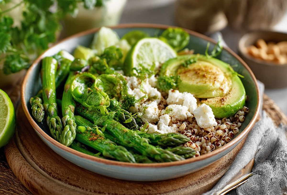 Eine Spargel-Quinoa-Bowl mit Limette und Feta.