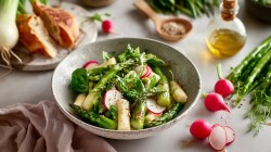 Teller mit Spargel-Radieschen-Salat, Zutaten daneben