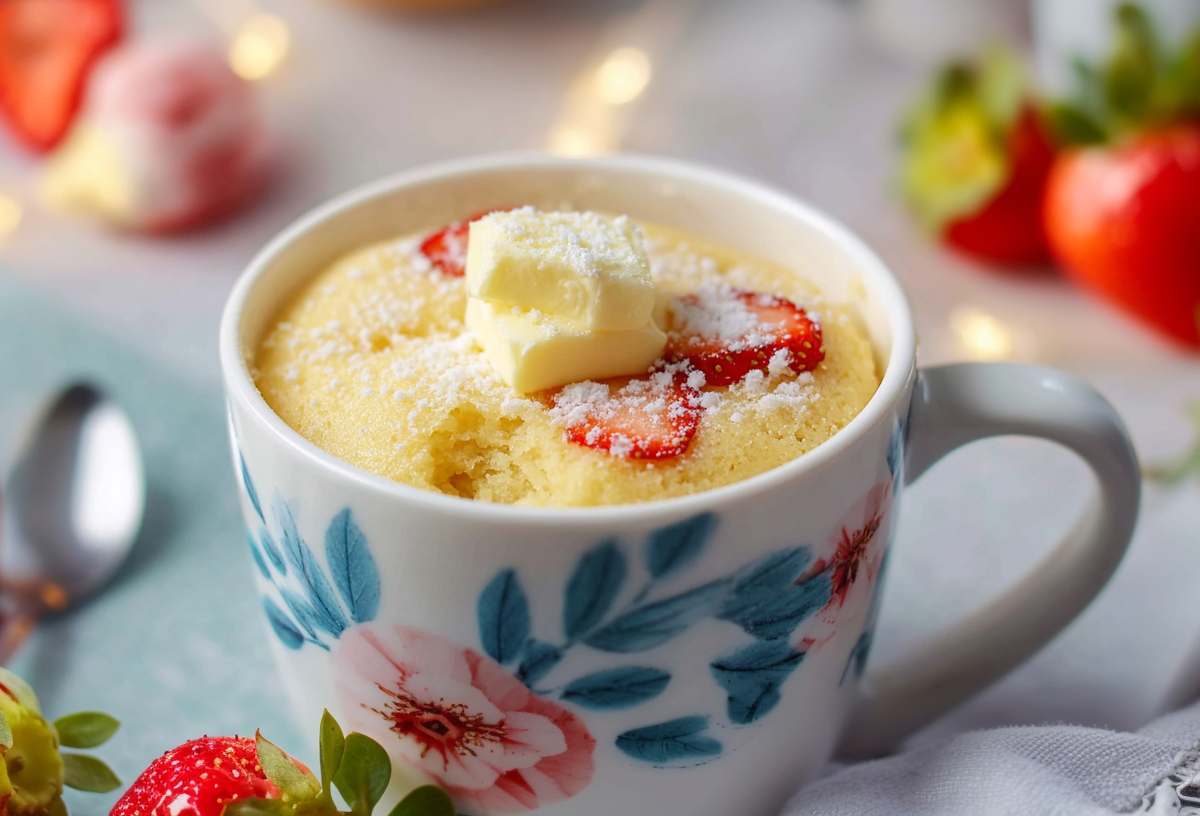 Ein Tassen-Pfannkuchen auf einem hellen Untergrund in einer Tasse mit Blumen. Drumherum liegen Erdbeeren.