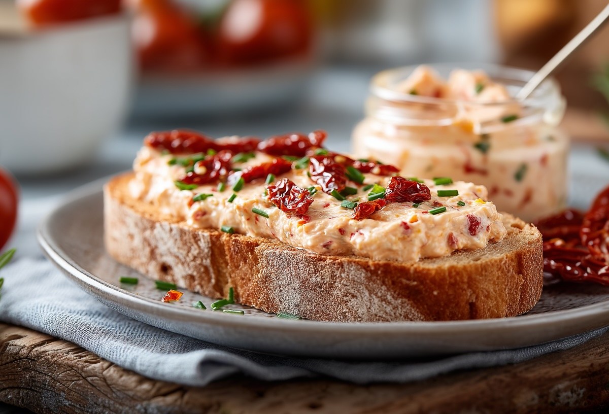 Ein Brot mit Tomate-Mozzarella-Aufstrich auf einem Teller, belegt mit getrockneten Tomaten. Daneben Kräuter, Tomaten und ein Glas mit dem Aufstrich.