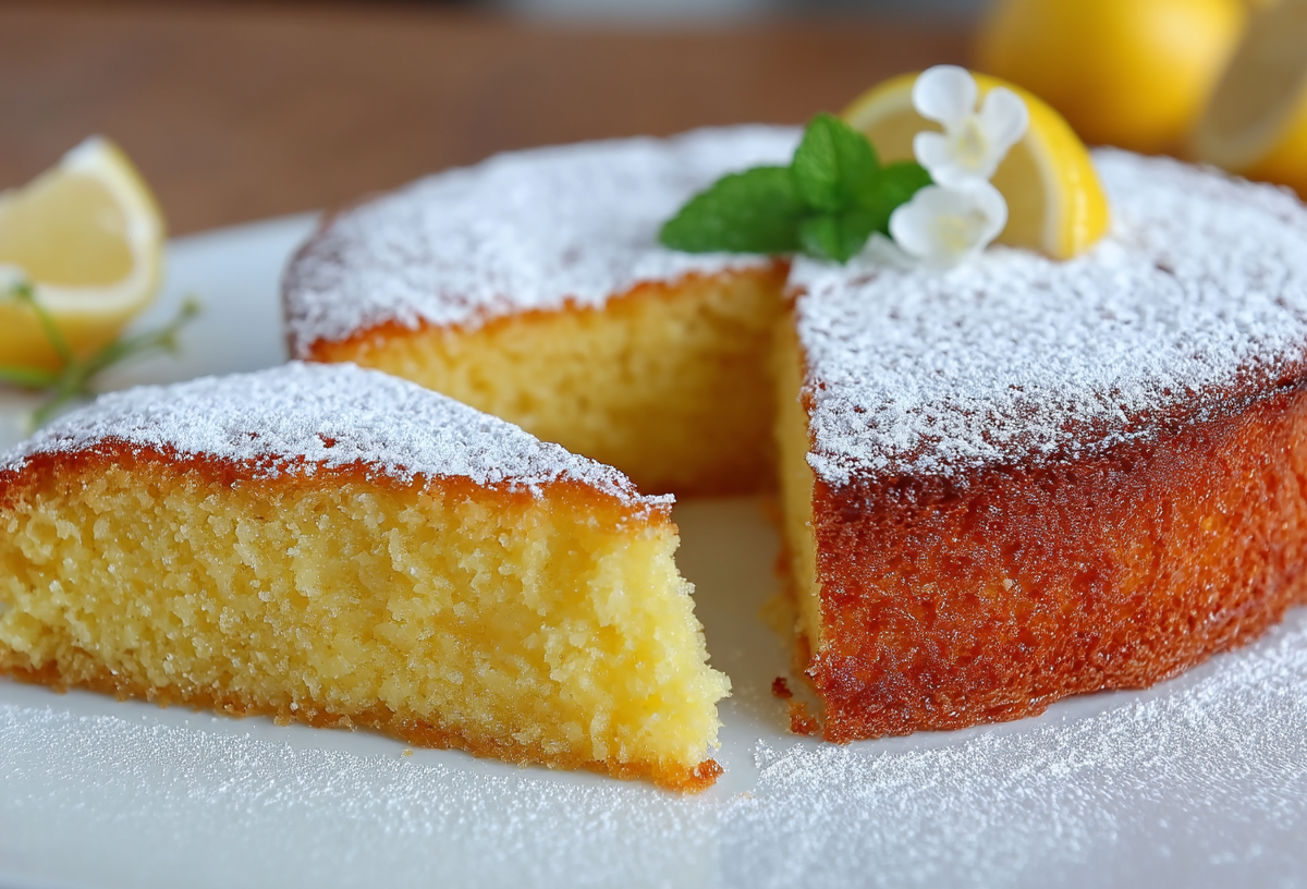 Torta Caprese al Limone, von dem bereits ein Stück abgeschnitten wurde.