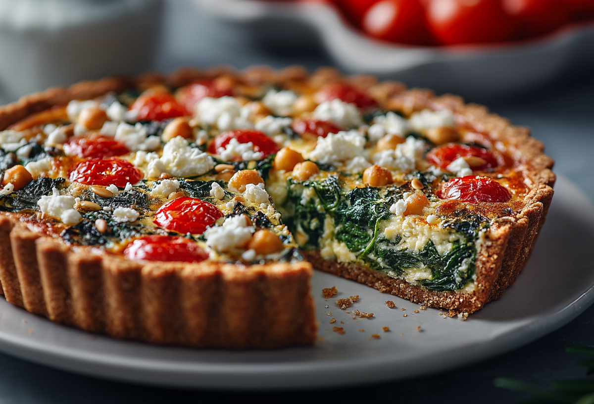 Eine Vollkorn-Quiche auf einem grauen Teller. Sie ist mit Spinat, Tomaten, Kichererbsen und Feta gefüllt. Im Hintergrund sieht man weitere Tomaten.