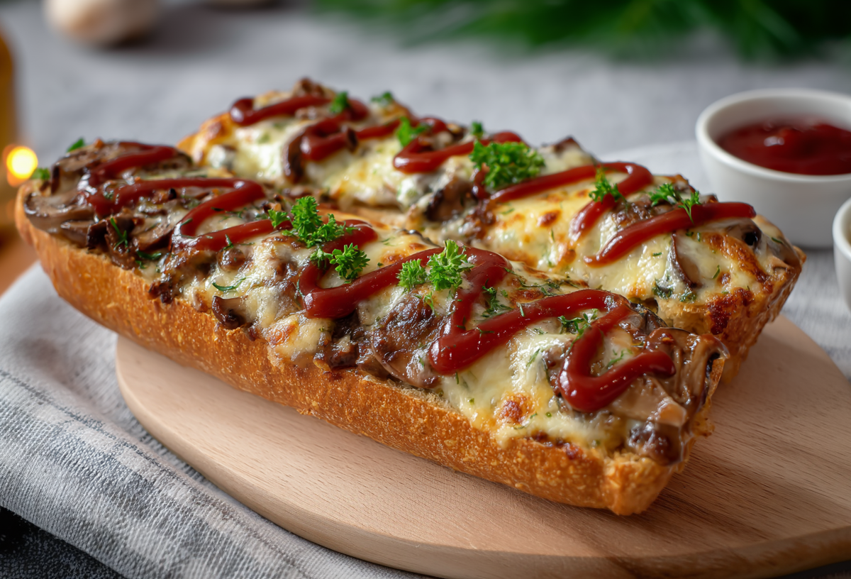 Zwei Zapiekanki liegen auf einem Holzbrett. Im Hintergrund sieht man frische Kräuter sowie zwei Schalen, je mit Ketchup und mit geriebenem Käse.