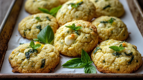 Zitronen-Basilikum-Cookies auf einem Backblech, garniert mit frischem Basilikum.