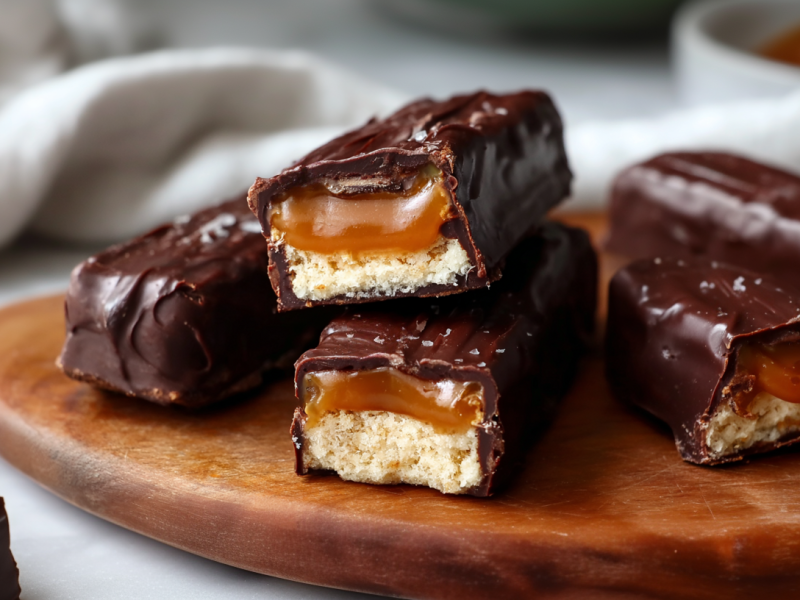Fünf vegane Twix liegen auf einem Holzbrett. Im Hintergrund sieht man ein Küchentuch. Drei Riegel sind aufgeschnitten und geben den Blick auf die Karemell-Keksfüllung frei.