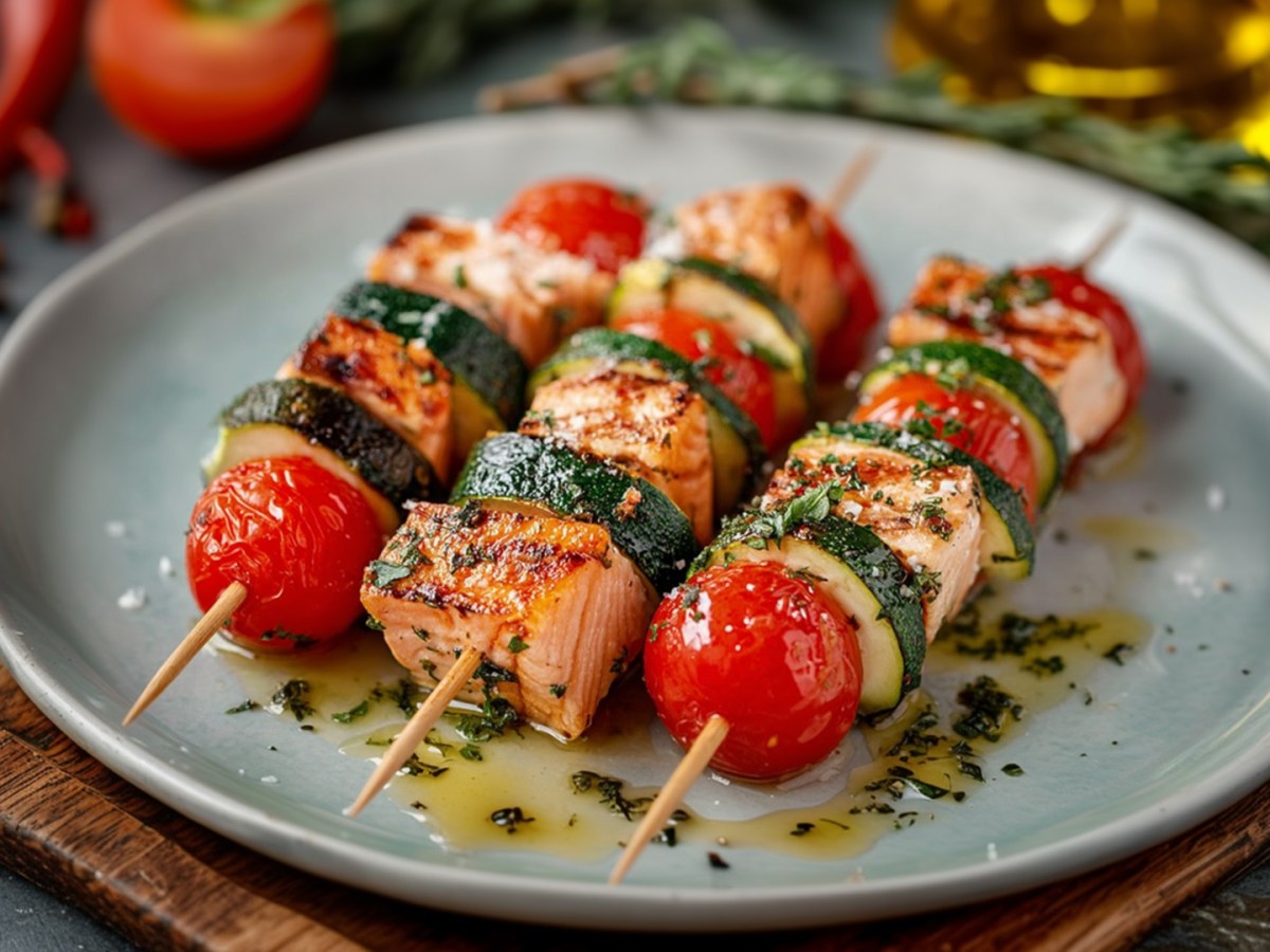 Kein Grillabend ohne diese einfachen Fisch- und Gemüsespieße