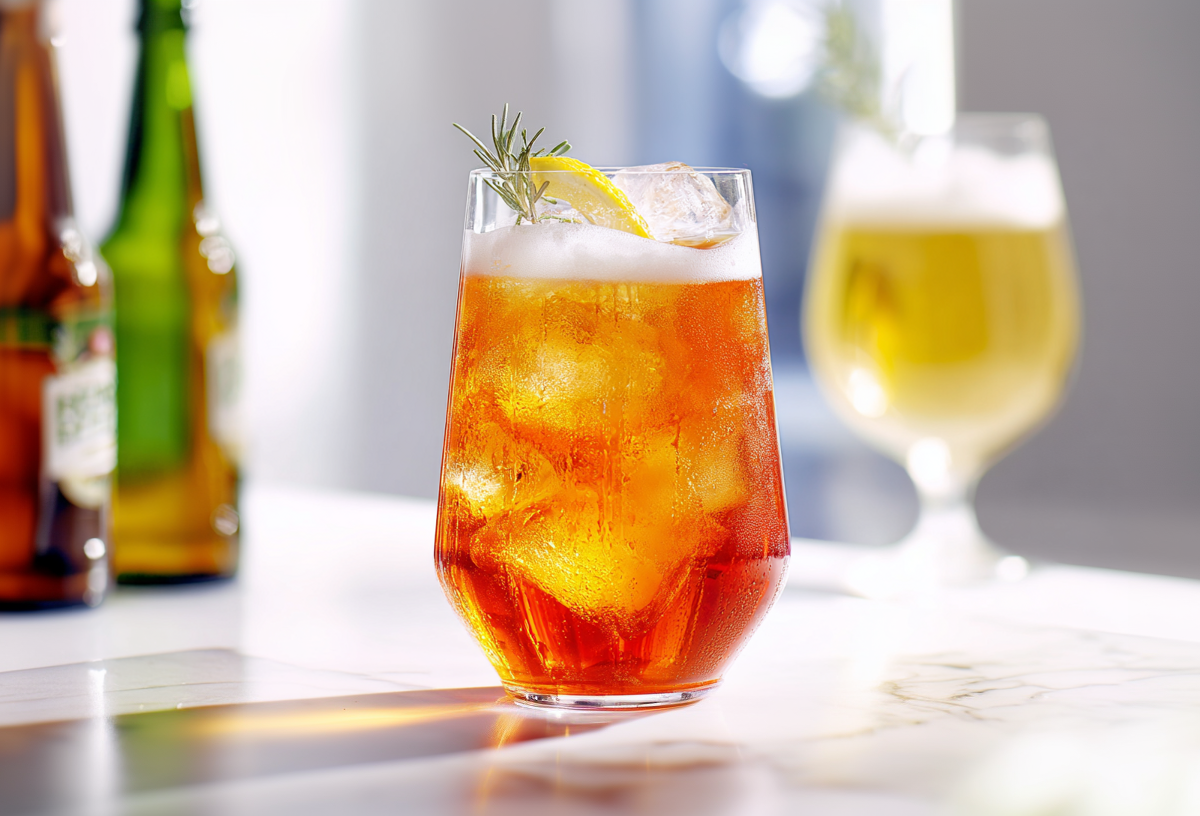 Ein Glas Aperol-Bier-Spritz steht auf einer Marmor-Anrichte. Links im Hintergrund stehen zwei Bierflaschen, rechts im Hintergrund ein Bierglas.