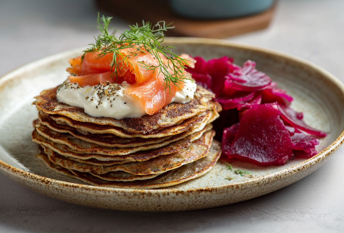 Mehrere Blinis aufeinandergestapelt auf einem Teller. Sie sind mit Crème fraîche, Lachs und Dill garniert. Rechts neben ihnen liegen mehrere Rote-Bete-Scheiben.