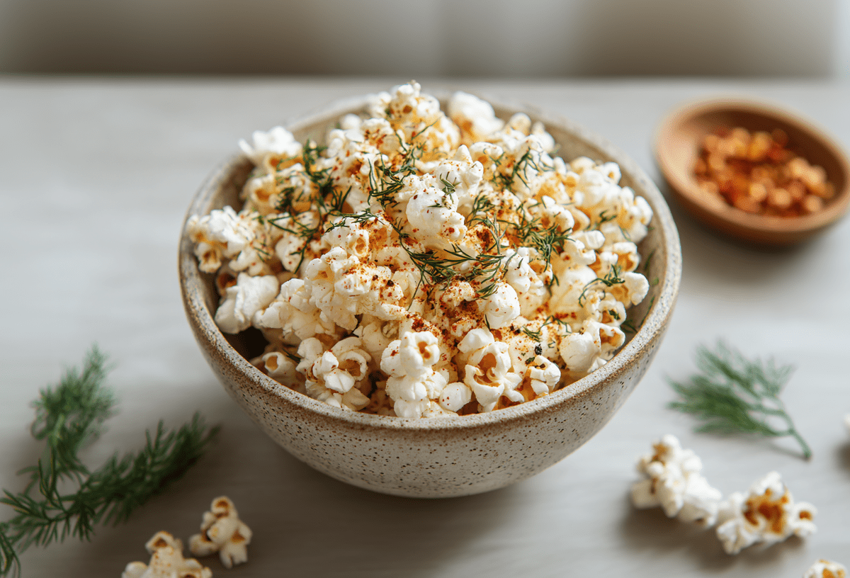 Eine Schale mit Dill-Popcorn auf einem grauen Tisch. Um die Schale liegt etwas Popcorn verteilt sowie Dill und hinten rechts steht ein Schälchen mit Chiliflocken.