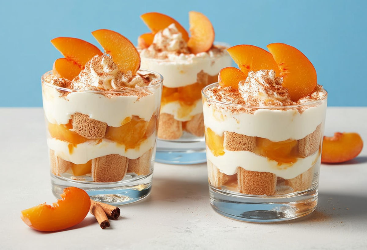 Drei Gläser mit Fantakuchen-Dessert. Eine Pfirsichspalte und eine Zimtstange liegen als Deko davor.