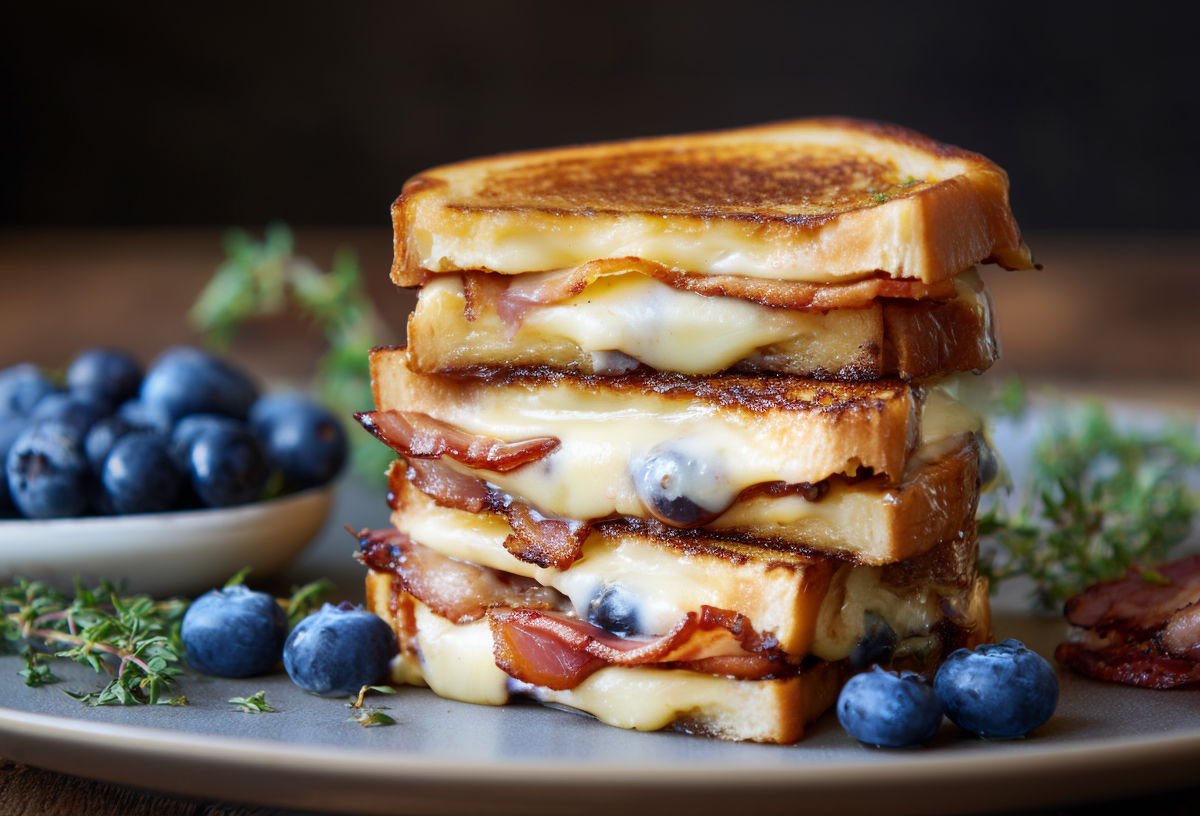 Ein Teller mit einem Stapel Grilled Cheese Sandwiches mit Blaubeeren, Bacon und Brie.