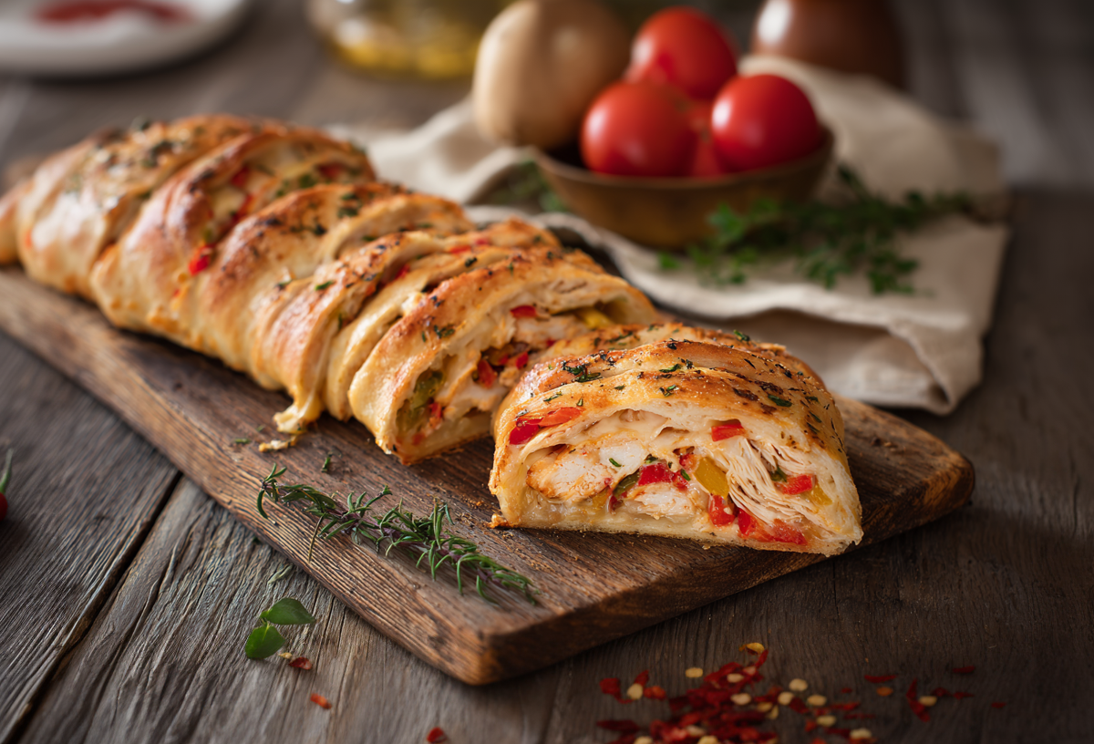 Ein Hähnchen-Speck-Stromboli auf einem rustikalen Holzbrett. Links liegen einige Chilischoten. Im Hintergrund sieht man eine Schale mit Tomaten. drumherum liegen frische Kräuter verteilt.