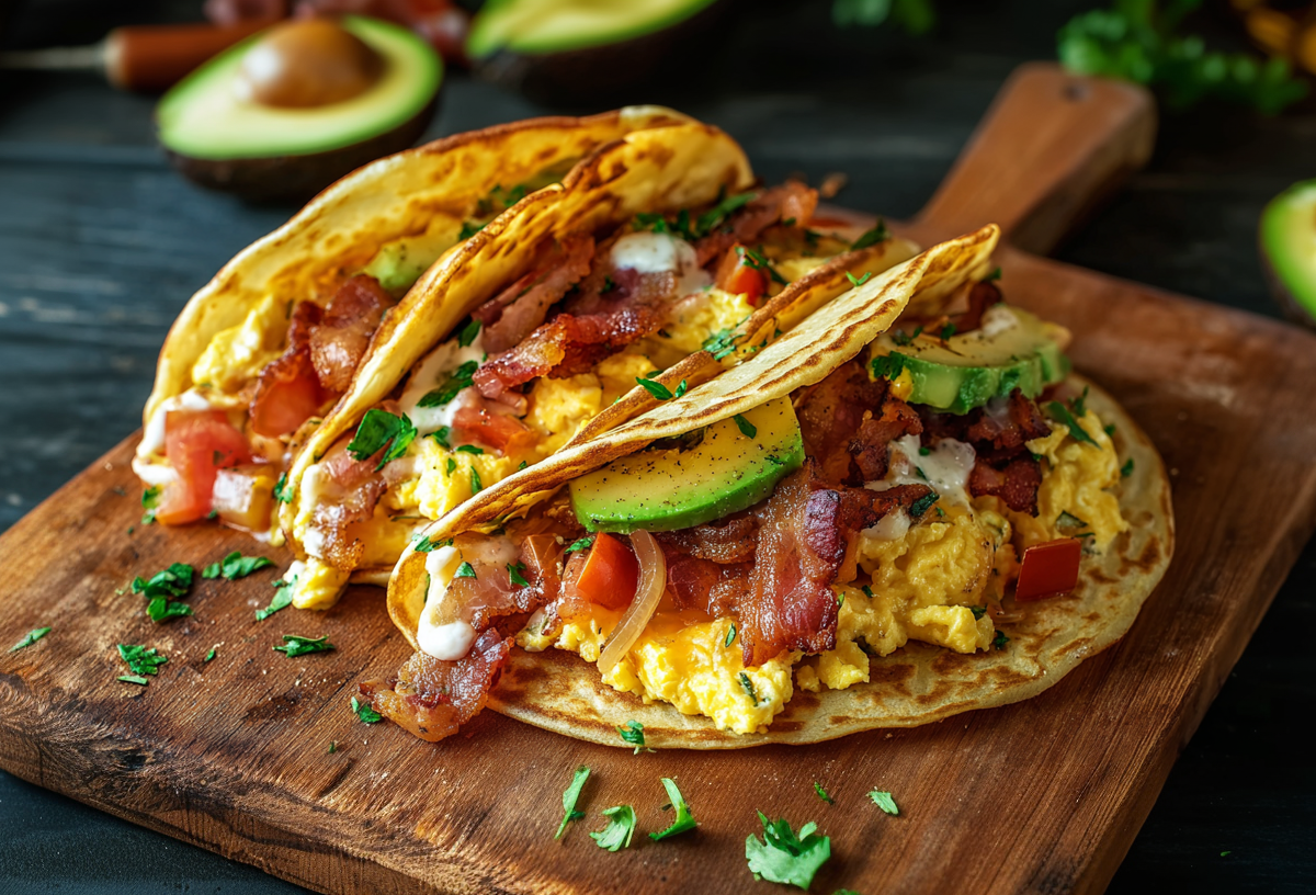Drei herzhafte Pfannkuchen-Tacos liegen auf einem Holzbrett. Man sieht die Füllung aus Rührei, Bacon und Acocado. Im Hintergrund liegen drei aufgeschnittene Acocadohälften.