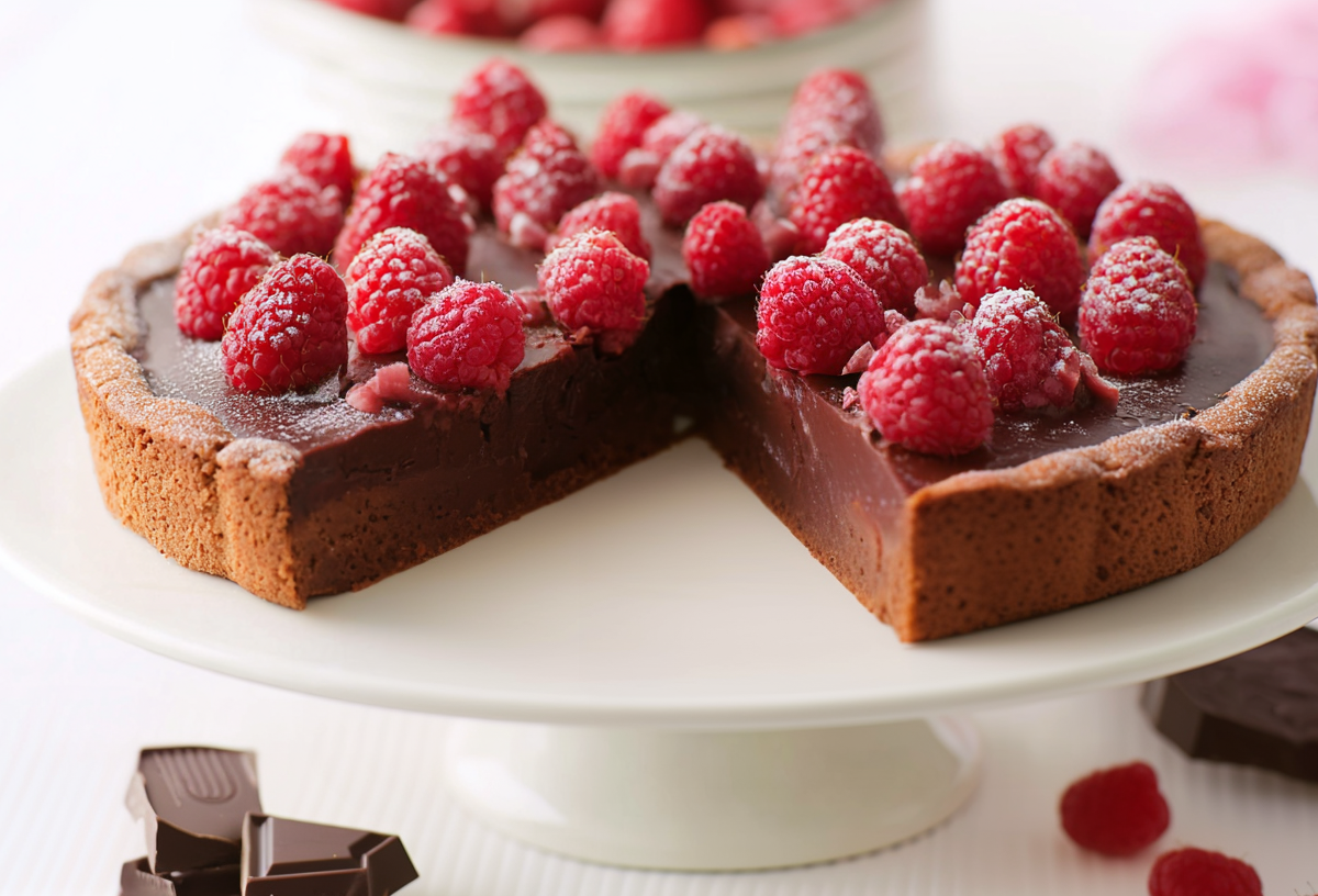 Angeschnittene Himbeer-Schoko-Tarte auf einer Etagere.